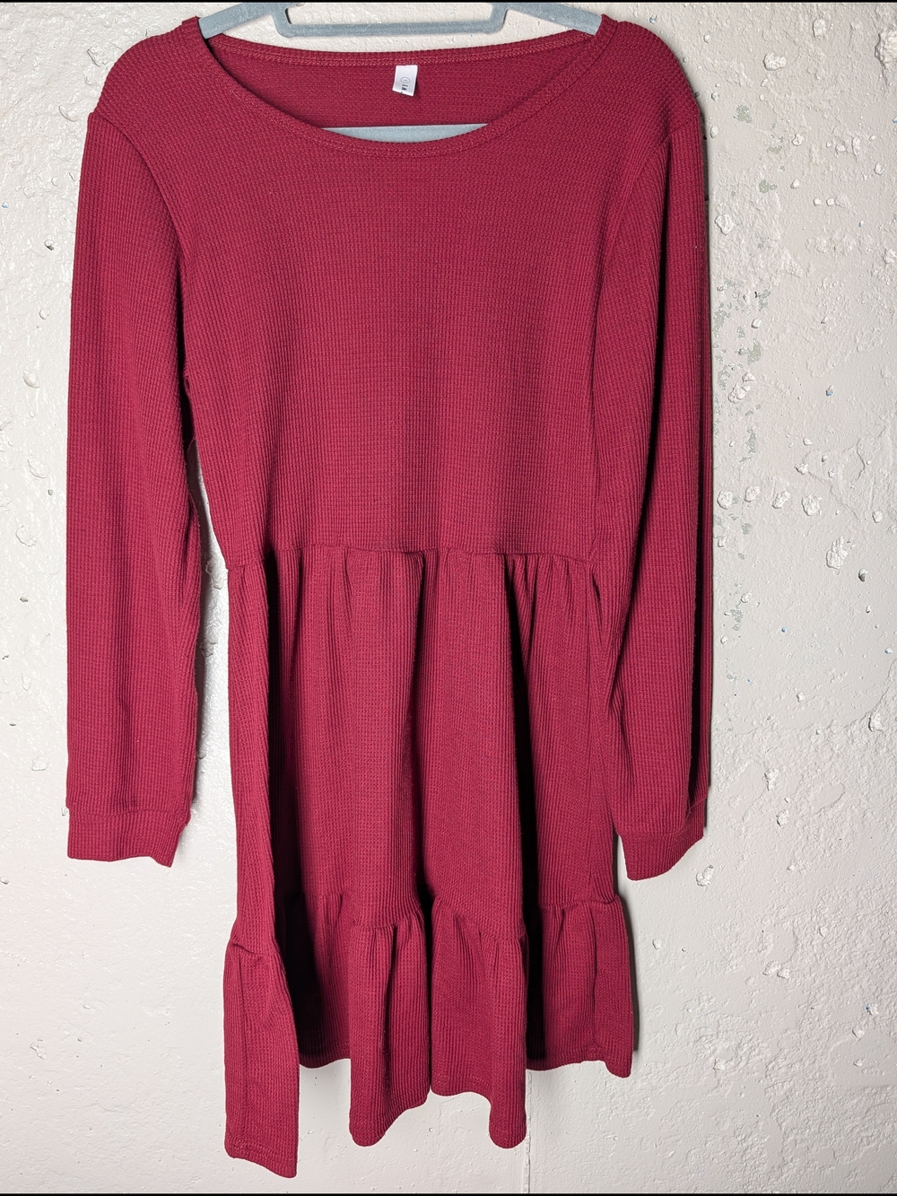 Burgundy Waffle Knit Tiered Babydoll Mini Dress Long Sleeve Size L